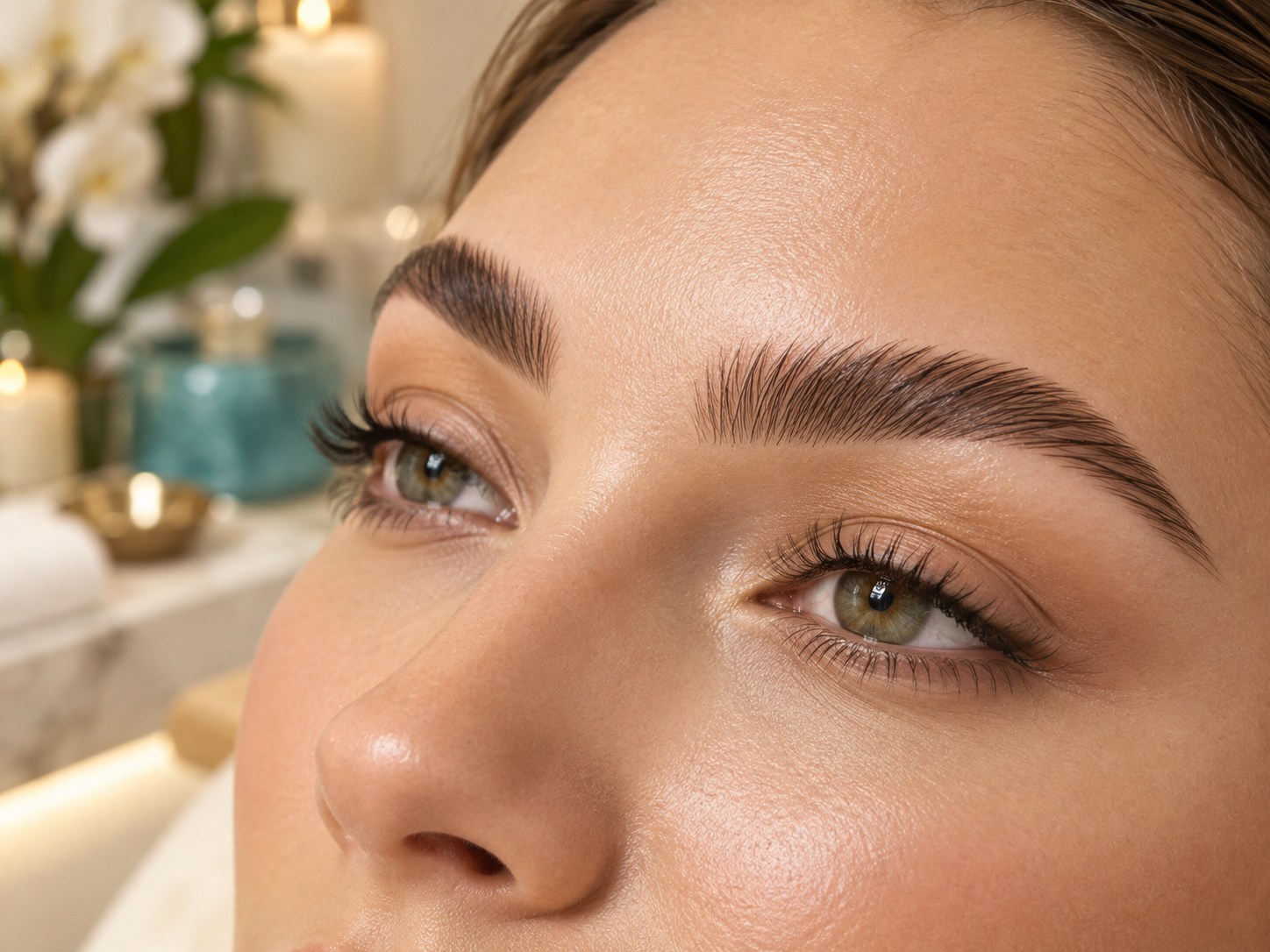 Close-up of defined laminated brows