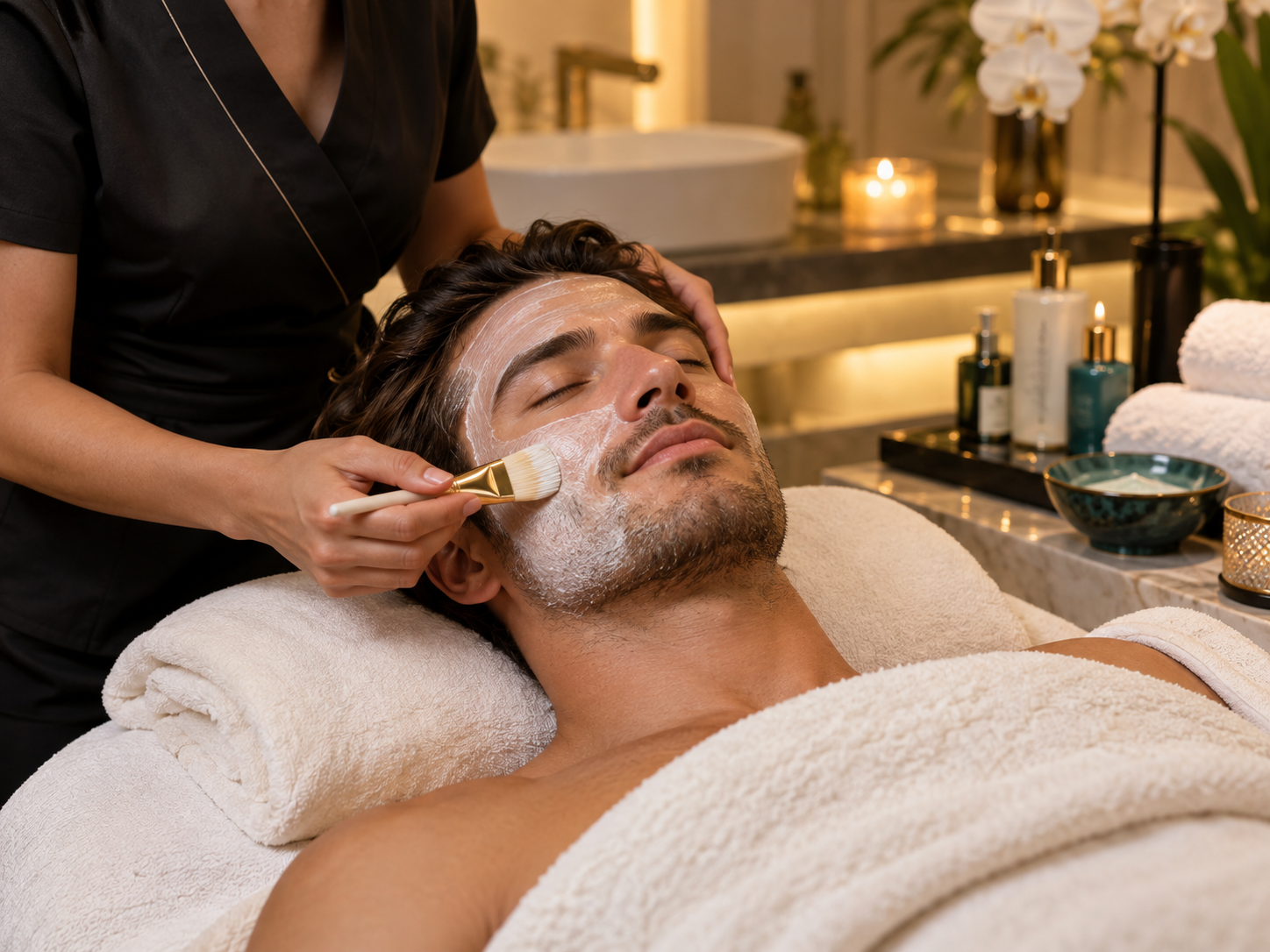 Adult man receiving a premium facial treatment at a spa