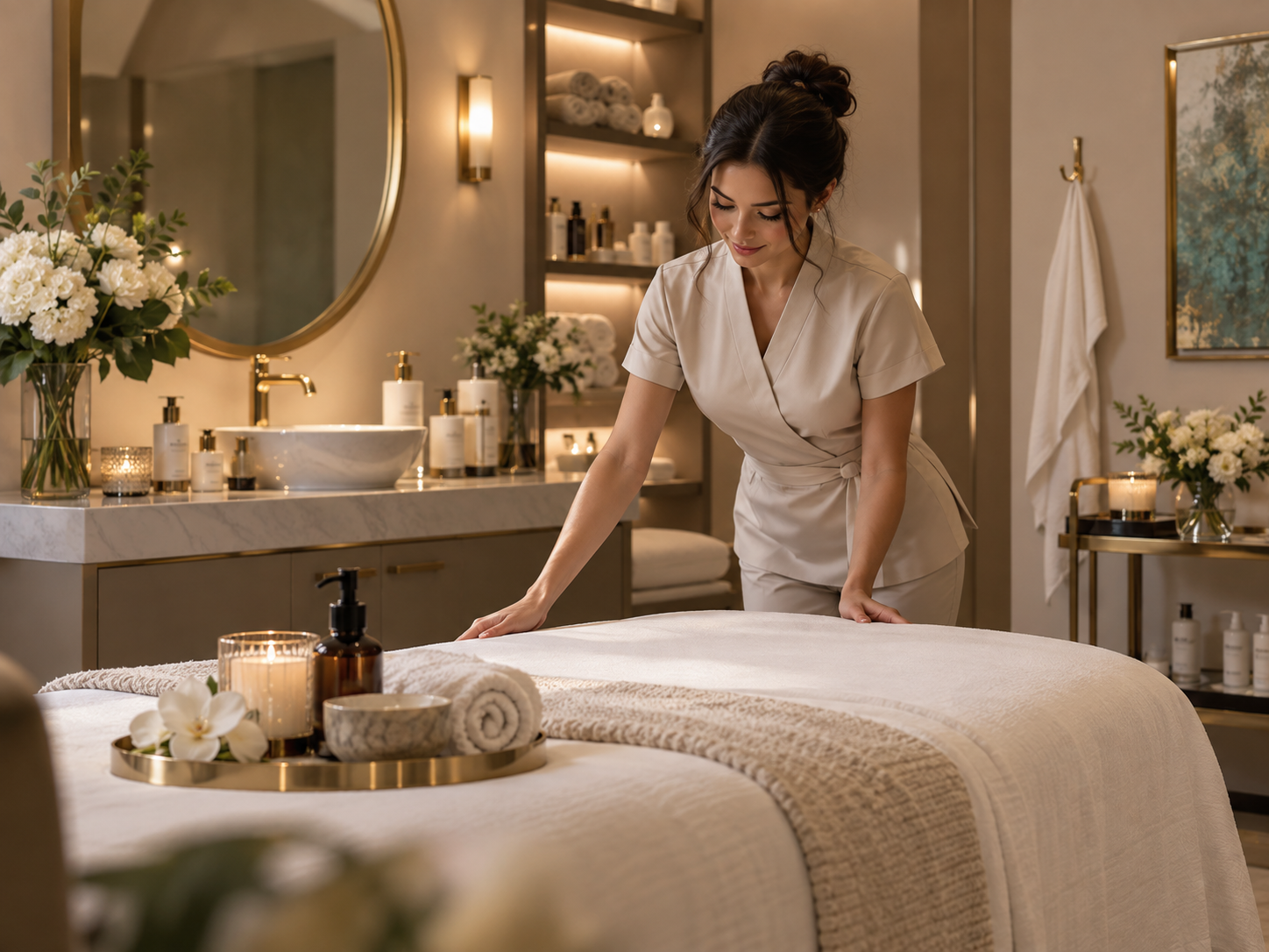 Elegant spa treatment room prepared by a professional